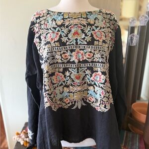 Johnny Was Black Blouse with Colorful Embroidery Large